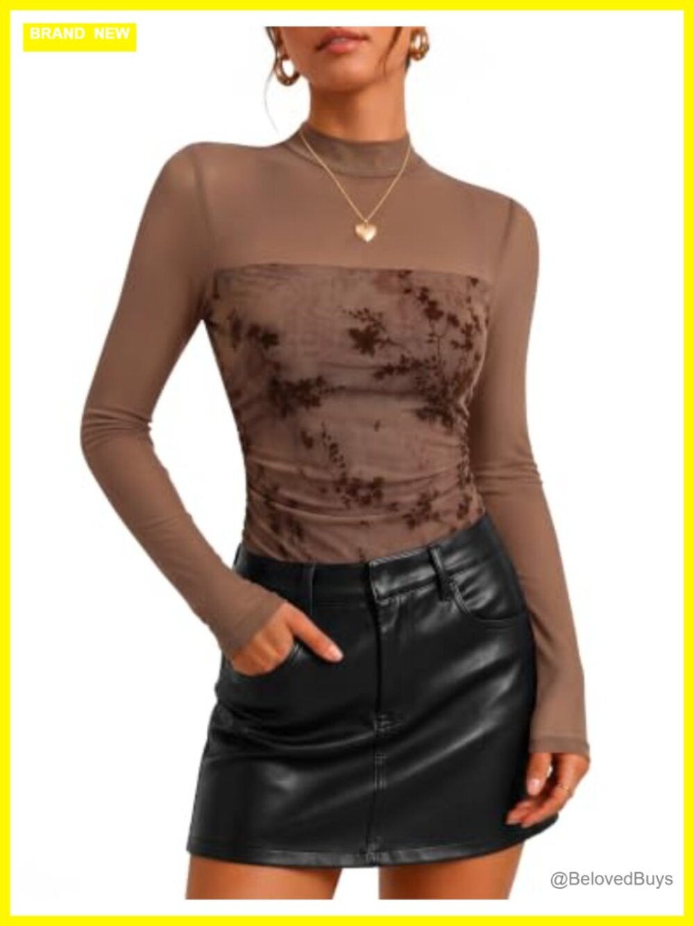 Turtleneck Floral Sheer Mesh Ruched Long Sleeve Top